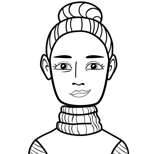 An avatar of Code Em, in black and white, showing her head and shoulders. The character has her hair tied up in a bun on the top of her head, a small smile on her face and is wearing a turtle-neck jumper.